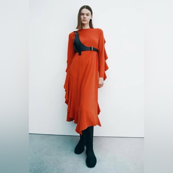 ZARA FLOWING DRESS WITH RUFFLES LONG SLEEVES π§‘ - Picture 6 of 9
